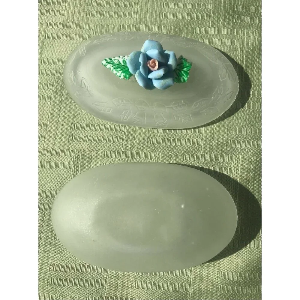 Vintage Frosted Etched Glass Egg Trinket Box Floral Jewelry Vanity Decor